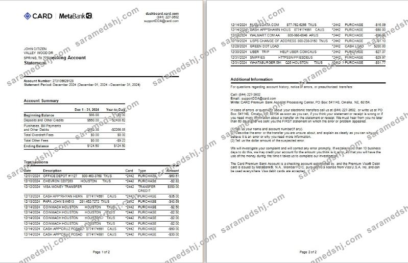 USA Meta Bank card statement Word and PDF example, 2 pages